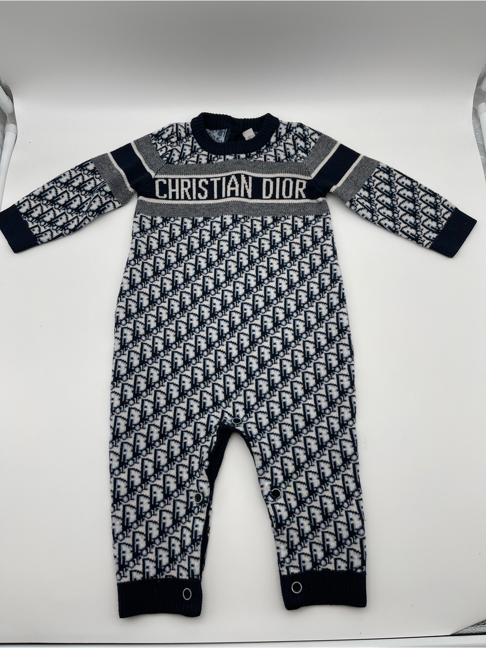 Baby Dior Knit Logo Romper Oblique Monogram Long Sleeve Onesie